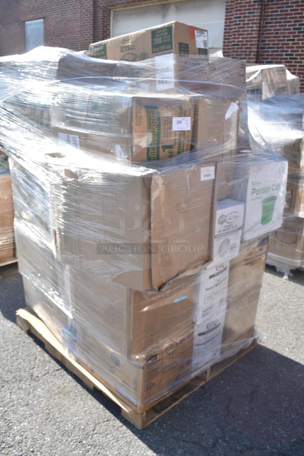38 BRAND NEW SCRATCH AND DENT! Items Including 4 612LOB225LBC Choice 2.25 lb. Oblong Foil Take-Out Container with Board Lid - 250/Case, 347RP10BKSS Visions Wave 10" Black Plastic Plate - 144/Case, 50012CAFE Choice 12 oz. Café Print Poly Paper Hot Cup - 1000/Case, Dinnerware Set, 50012W CUP 12oz PAP HOT WHITE 1M LID 500L1020B/W, 612FS7800 Choice Full Size Foil Steam Table Pan Medium 2 3/16" Depth - 50/Case, 129MCR32B Choice 32 oz. Black Round Microwavable Heavy Weight Container with Lid 7 1/4" - 150/Case, 128HD8COMBO Choice Heavy Duty 8 oz. Microwavable Translucent Plastic Deli Container and Lid Combo Pack - 240/Case, 500MF883W3C Choice 8" x 8" 3-Compartment Microwaveable White Mineral-Filled Plastic Hinged Take-Out Container - 150/Case, 347RP10WHSLV Visions 10" White Plastic Plate with Silver Lattice Design - 120/Case. 38 Times Your Bid! - Image 3 of 20