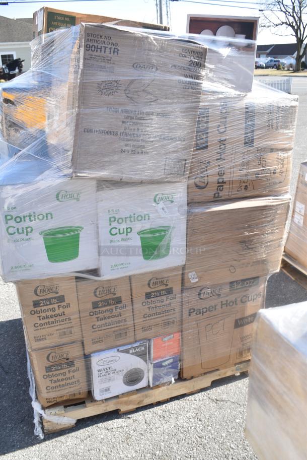 38 BRAND NEW SCRATCH AND DENT! Items Including 4 612LOB225LBC Choice 2.25 lb. Oblong Foil Take-Out Container with Board Lid - 250/Case, 347RP10BKSS Visions Wave 10" Black Plastic Plate - 144/Case, 50012CAFE Choice 12 oz. Café Print Poly Paper Hot Cup - 1000/Case, Dinnerware Set, 50012W CUP 12oz PAP HOT WHITE 1M LID 500L1020B/W, 612FS7800 Choice Full Size Foil Steam Table Pan Medium 2 3/16" Depth - 50/Case, 129MCR32B Choice 32 oz. Black Round Microwavable Heavy Weight Container with Lid 7 1/4" - 150/Case, 128HD8COMBO Choice Heavy Duty 8 oz. Microwavable Translucent Plastic Deli Container and Lid Combo Pack - 240/Case, 500MF883W3C Choice 8" x 8" 3-Compartment Microwaveable White Mineral-Filled Plastic Hinged Take-Out Container - 150/Case, 347RP10WHSLV Visions 10" White Plastic Plate with Silver Lattice Design - 120/Case. 38 Times Your Bid! - Image 4 of 20