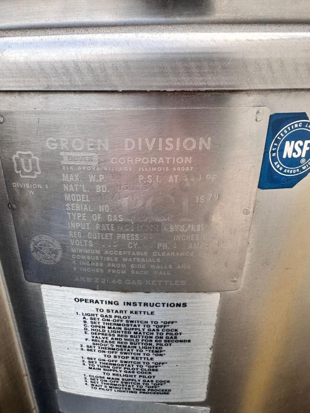 Excellent Condition Groen Commercial 40-Gallon Gas Kettle – Tested & Working! - Image 7 of 9