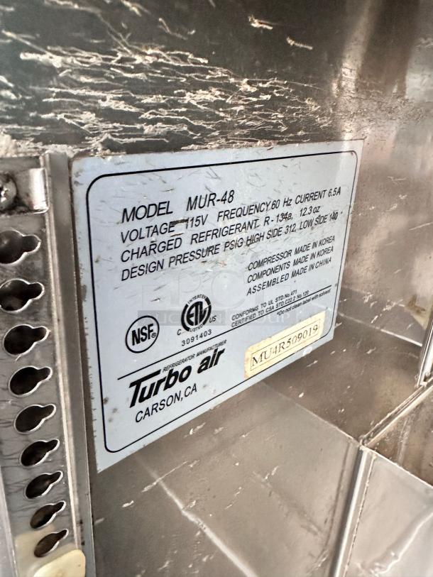 Excellent Condition Turbo Air MUR-48 Commercial Undercounter Refrigerator – Tested & Working! - Image 13 of 13