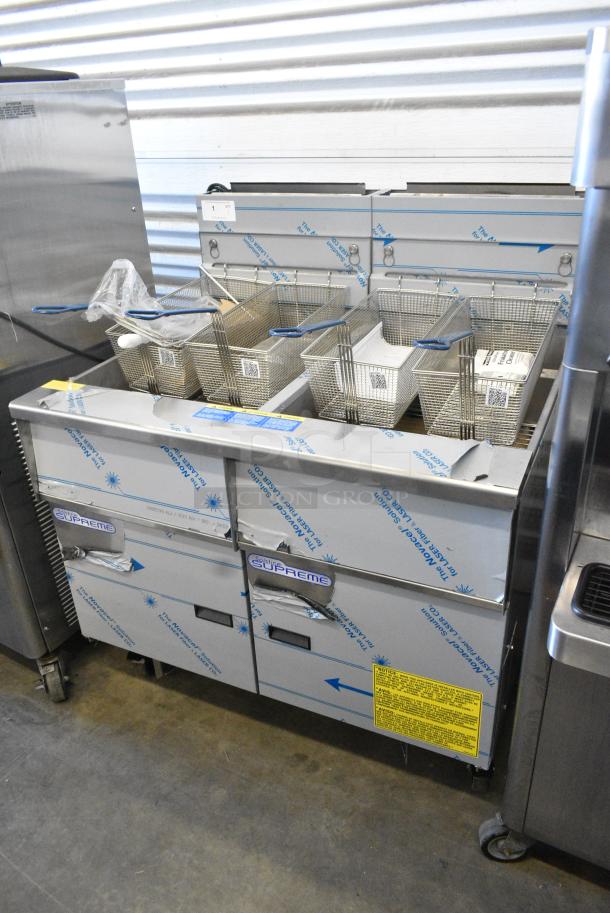 BRAND NEW SCRATCH AND DENT! 2022 Pitco Frialator SSH75 Stainless Steel Commercial Natural Gas Powered 2 Bay Deep Fat Fryer on Commercial Casters. 105,000 BTU. - Image 1 of 14