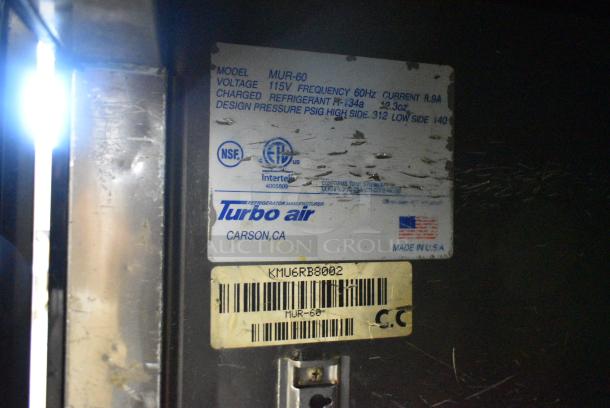 Turbo Air MUR-60 Stainless Steel Commercial 2 Door Work Top Cooler on Commercial Casters. 115 Volts, 1 Phase. Tested and Powers On But Does Not Get Cold - Image 8 of 8