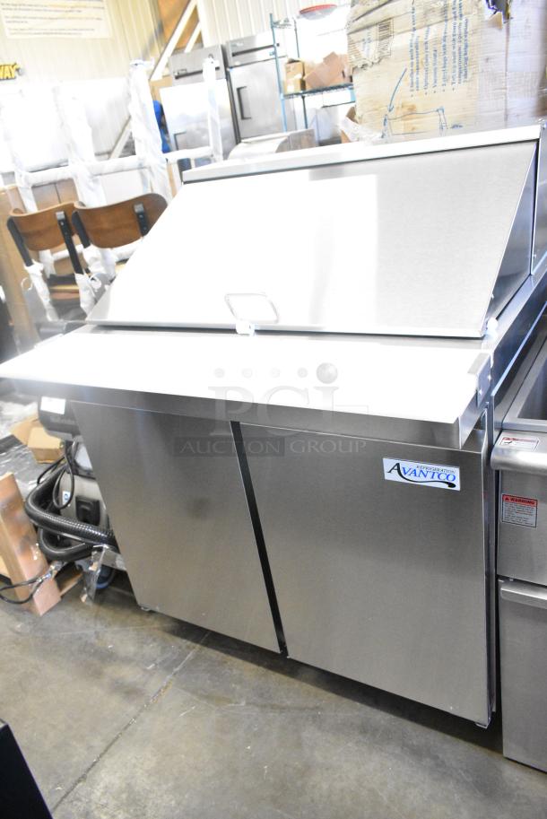 BRAND NEW SCRATCH AND DENT! 2024 Avantco 178SSPT36MHC SS-PT-36M-HC 36" 2 Door Mega Top Stainless Steel Refrigerated Sandwich Prep Table on Commercial Casters. Missing 1 Caster. 115 Volts, 1 Phase. Tested and Working! - Image 1 of 9