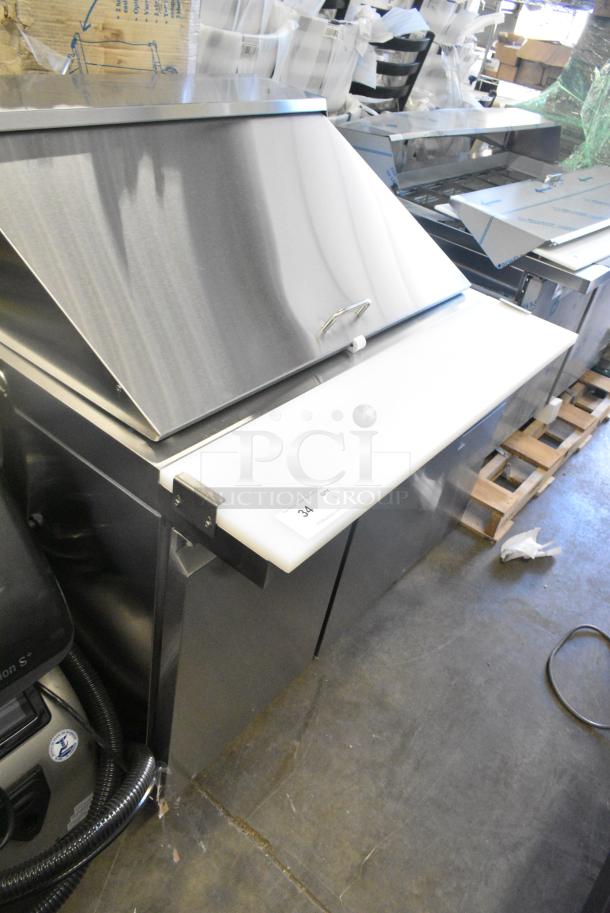 BRAND NEW SCRATCH AND DENT! 2024 Avantco 178SSPT36MHC SS-PT-36M-HC 36" 2 Door Mega Top Stainless Steel Refrigerated Sandwich Prep Table on Commercial Casters. Missing 1 Caster. 115 Volts, 1 Phase. Tested and Working! - Image 2 of 9