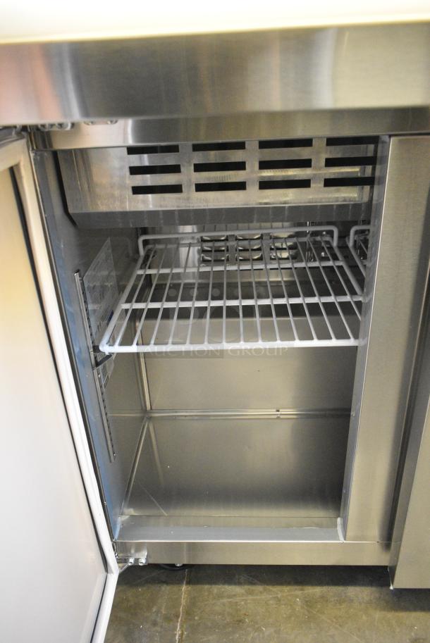 BRAND NEW SCRATCH AND DENT! 2024 Avantco 178SSPT36MHC SS-PT-36M-HC 36" 2 Door Mega Top Stainless Steel Refrigerated Sandwich Prep Table on Commercial Casters. Missing 1 Caster. 115 Volts, 1 Phase. Tested and Working! - Image 7 of 9