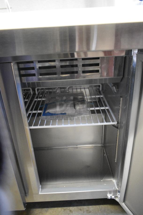 BRAND NEW SCRATCH AND DENT! 2024 Avantco 178SSPT36MHC SS-PT-36M-HC 36" 2 Door Mega Top Stainless Steel Refrigerated Sandwich Prep Table on Commercial Casters. Missing 1 Caster. 115 Volts, 1 Phase. Tested and Working! - Image 8 of 9