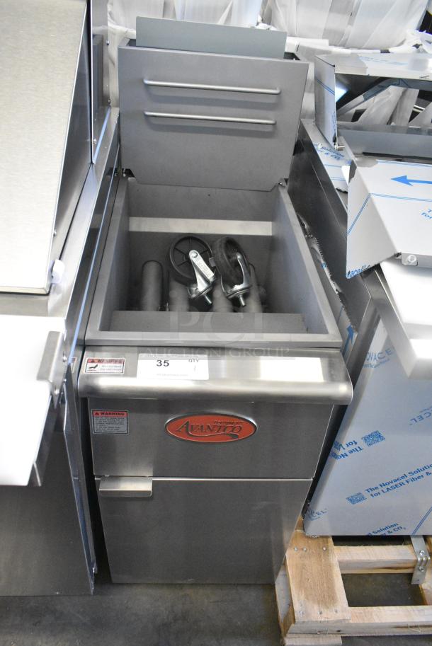 BRAND NEW SCRATCH AND DENT! 2024 Avantco 177FF50N Stainless Steel Natural Gas 50 lb. Stainless Steel Floor Fryer - 120,000 BTU. - Image 1 of 7