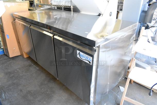 BRAND NEW SCRATCH AND DENT! 2023 Avantco 178SSUC72RHC Stainless Steel Commercial 3 Door Undercounter Cooler on Commercial Casters. 115 Volts, 1 Phase. Tested and Working! - Image 2 of 9