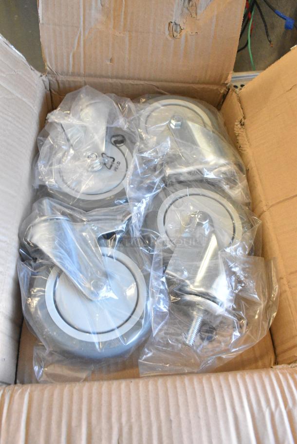 3 BRAND NEW! Boxes of 4 465CT028 Steelton 5" Poly Casters - 2 with Brakes. 3 Times Your Bid! - Image 1 of 3