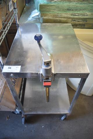 Stainless Steel Table w/ Mounted Commercial Can Opener and Under Shelf on Commercial Casters.