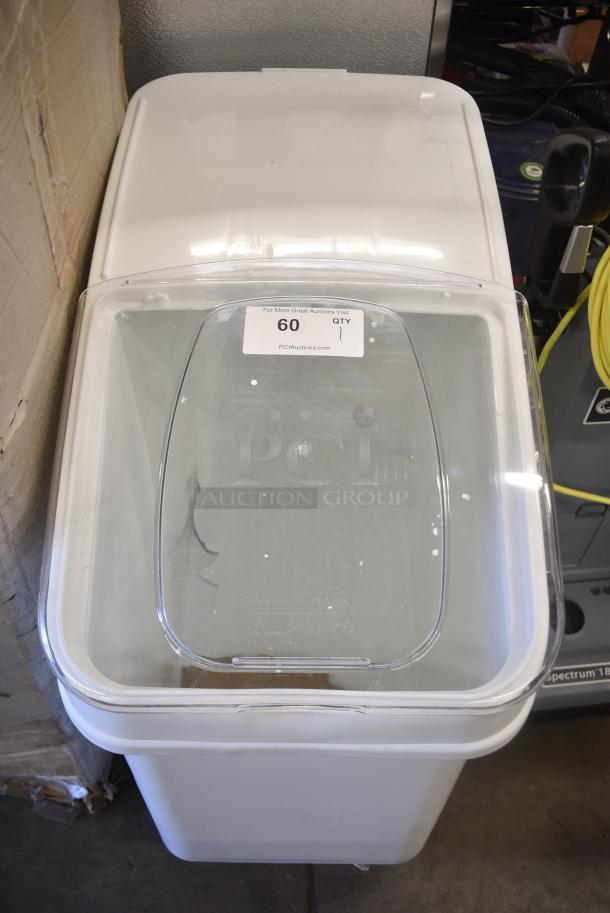 BRAND NEW SCRATCH AND DENT! White Poly Ingredient Bin on Commercial Casters. See Pictures for Crack. - Image 1 of 5