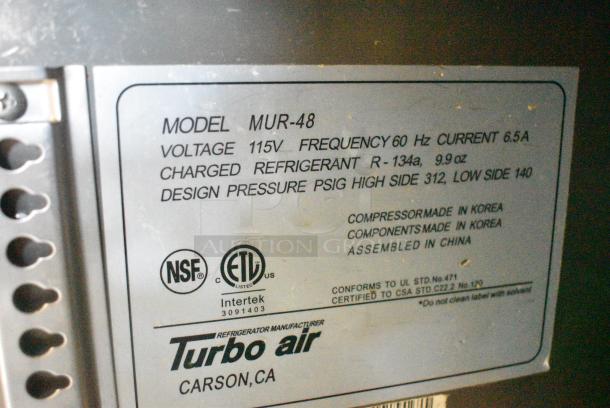 Turbo Air MUR-48 Stainless Steel Commercial 2 Door Undercounter Cooler. 115 Volts, 1 Phase. Tested and Working! - Image 8 of 9