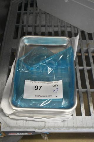 7 BRAND NEW SCRATCH AND DENT! 407BUNEGHT Baker's Lane Eighth Size 19 Gauge Non-Stick 6 1/2" x 9 1/2" Light Blue Wire in Rim Aluminum Bun / Sheet Pan / Tray. 7 Times Your Bid!