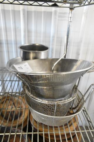 5 Various Items Including Ricer, Baskets, Cylindrical Bin and Bowl. 5 Times Your Bid!