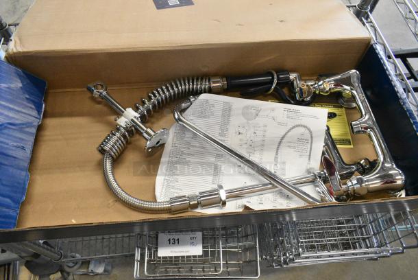 BRAND NEW SCRATCH AND DENT! T&S MPM-8WLN-12-SWV Low Profile Wall Mounted Pre-Rinse Faucet with 8" Centers, 24" Hose, 1.07 GPM Spray Valve, Swivel, 12" Add-On Faucet, and Wall Bracket 510MPM8WL12S - Image 1 of 3