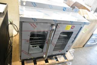BRAND NEW SCRATCH AND DENT! Imperial Stainless Steel Commercial Natural Gas Powered Full Size Convection Oven w/ View Through Doors, Metal Oven Racks and Thermostatic Controls. See Pictures for Broken Glass. 70,000 BTU.