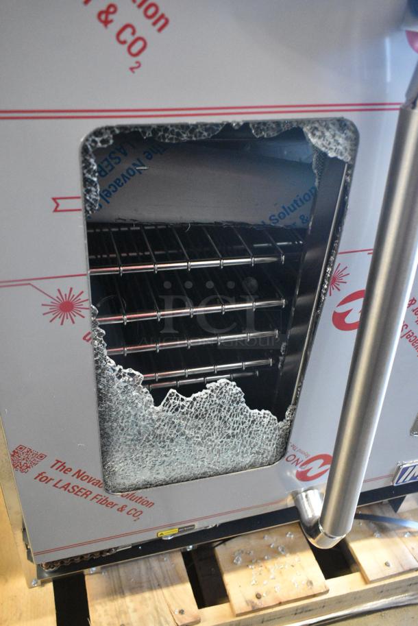 BRAND NEW SCRATCH AND DENT! Imperial Stainless Steel Commercial Natural Gas Powered Full Size Convection Oven w/ View Through Doors, Metal Oven Racks and Thermostatic Controls. See Pictures for Broken Glass. 70,000 BTU. - Image 5 of 9