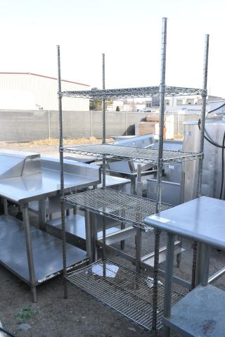 Chrome Finish 4 Tier Wire Shelving Unit. BUYER MUST DISMANTLE. PCI CANNOT DISMANTLE FOR SHIPPING. PLEASE CONSIDER FREIGHT CHARGES.