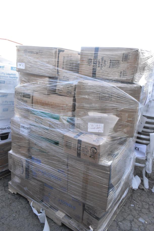 35 BRAND NEW SCRATCH AND DENT! Items Including 129MCR16B Choice 16 oz. Black 6 1/4" Round Microwavable Heavy Weight Container with Lid - 150/Case, 612FS5006 Choice Third Size Foil Steam Pan Deep 3 5/16" Depth - 100/Case, 395TO993 EcoChoice No PFAS Added Bamboo / Bagasse 9" x 9" x 3" 3 Compartment Takeout Container - 200/Case, 760V32KR Carnival King Kraft 32 oz. Popcorn Cup - 500/Case, 433NACHOS Carnival King Small Clear 2 Compartment Plastic Nacho Tray - 500/Case, 5001RT800B Lavex 8" White Hardwound Paper Towel, 800 Feet / Roll - 6/Case, 500TO993C3 Choice 9" x 9" x 3" Microwaveable 3-Compartment Black / Clear Plastic Hinged Container - 100/Case. 35 Times Your Bid! - Image 1 of 12