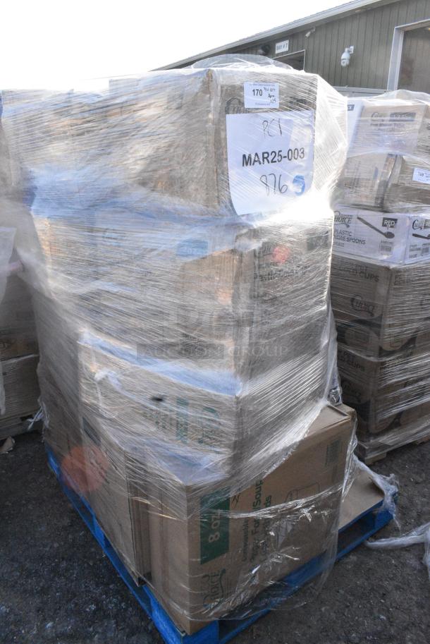 25 BRAND NEW SCRATCH AND DENT! Items Including 795KFT50RNPE Choice 50 oz. Round Kraft PE-Lined Microwavable Take-Out Container 7 5/16" x 3" - 300/Case, 129MCS28B Choice 28 oz. Black Rectangular Microwavable Heavy Weight Container with Lid 8 3/4" x 6 1/4" x 1 3/4" - 150/Case, 500TW7 Choice 7 oz. Translucent Thin Wall Plastic Cold Cup - 2500/Case, 50012DWALLW Choice 12 oz. White Smooth Double Wall Paper Hot Cup - 500/Case, 760SOUP8KFT EcoChoice 8 oz. Kraft Paper Food Cup with Vented Lid - 250/Case, 500WRPKITWB Choice 15 3/4" Square White 2-Ply 1/4 Fold WrapNap Dinner Napkin with Black Self-Adhering Paper Napkin Band - 2750/Case, 347BP10BK Choice 10 1/4" Black Plastic Plate - 500/Case. 25 Times Your Bid! - Image 2 of 13
