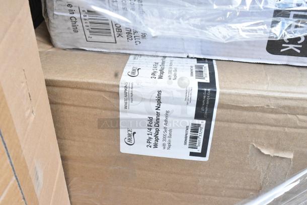 25 BRAND NEW SCRATCH AND DENT! Items Including 795KFT50RNPE Choice 50 oz. Round Kraft PE-Lined Microwavable Take-Out Container 7 5/16" x 3" - 300/Case, 129MCS28B Choice 28 oz. Black Rectangular Microwavable Heavy Weight Container with Lid 8 3/4" x 6 1/4" x 1 3/4" - 150/Case, 500TW7 Choice 7 oz. Translucent Thin Wall Plastic Cold Cup - 2500/Case, 50012DWALLW Choice 12 oz. White Smooth Double Wall Paper Hot Cup - 500/Case, 760SOUP8KFT EcoChoice 8 oz. Kraft Paper Food Cup with Vented Lid - 250/Case, 500WRPKITWB Choice 15 3/4" Square White 2-Ply 1/4 Fold WrapNap Dinner Napkin with Black Self-Adhering Paper Napkin Band - 2750/Case, 347BP10BK Choice 10 1/4" Black Plastic Plate - 500/Case. 25 Times Your Bid! - Image 11 of 13
