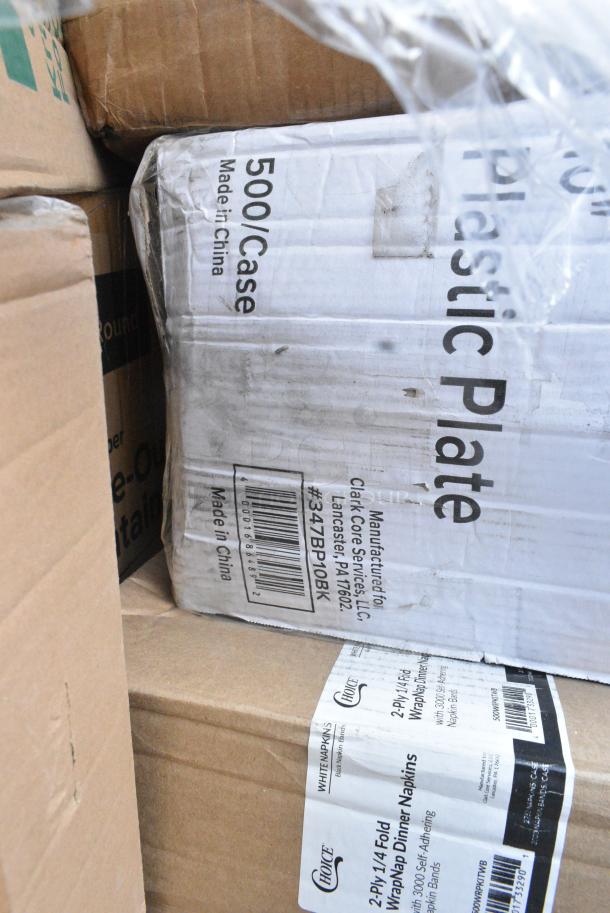 25 BRAND NEW SCRATCH AND DENT! Items Including 795KFT50RNPE Choice 50 oz. Round Kraft PE-Lined Microwavable Take-Out Container 7 5/16" x 3" - 300/Case, 129MCS28B Choice 28 oz. Black Rectangular Microwavable Heavy Weight Container with Lid 8 3/4" x 6 1/4" x 1 3/4" - 150/Case, 500TW7 Choice 7 oz. Translucent Thin Wall Plastic Cold Cup - 2500/Case, 50012DWALLW Choice 12 oz. White Smooth Double Wall Paper Hot Cup - 500/Case, 760SOUP8KFT EcoChoice 8 oz. Kraft Paper Food Cup with Vented Lid - 250/Case, 500WRPKITWB Choice 15 3/4" Square White 2-Ply 1/4 Fold WrapNap Dinner Napkin with Black Self-Adhering Paper Napkin Band - 2750/Case, 347BP10BK Choice 10 1/4" Black Plastic Plate - 500/Case. 25 Times Your Bid! - Image 12 of 13