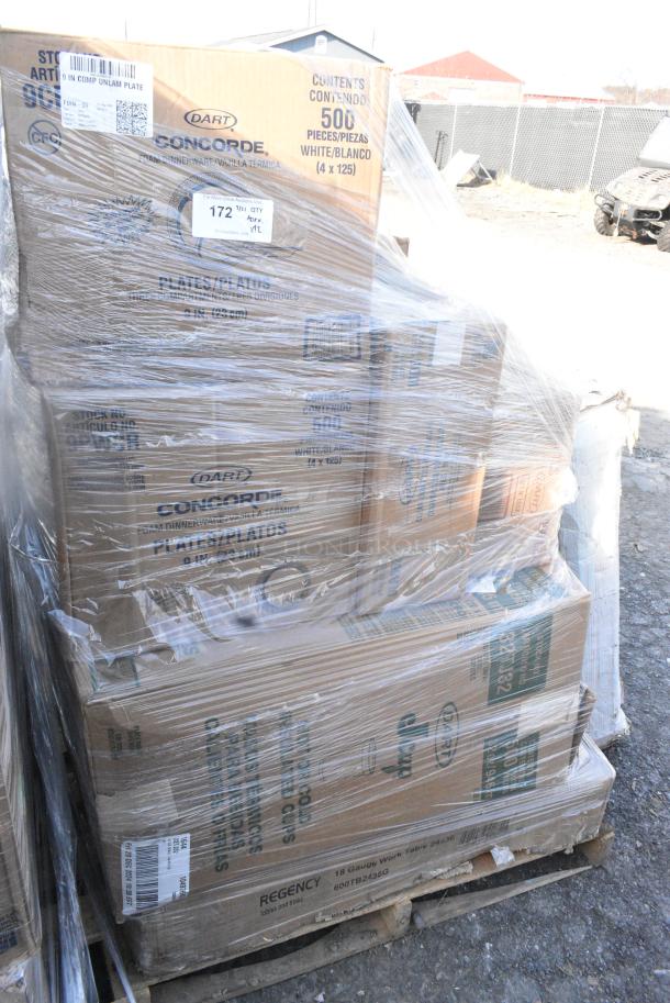 12 BRAND NEW SCRATCH AND DENT! Items Including Dart Y12S Conex Galaxy 12 oz. Translucent Squat Plastic Cold Cup - 1000/Case, Cambro 1014FF186 10" x 14" Navy Blue Customizable Fast Food Tray - 24/Case, Dart Conex Galaxy Y35 3.5 oz. Translucent Plastic Cold Cup - 2500/Case 301Y35, 9CPWCR Plates, CUP 32oz FOAM WHITE   500 32JL/SL/CLR/RL/HDLC, 600TB2436G TABLE S/S 24X36 4"BKSPLSH 18G 304SS, GALV UND+LEGS. 12 Times Your Bid! - Image 2 of 14