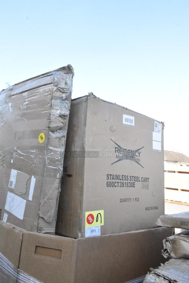 9 BRAND NEW SCRATCH AND DENT! Items Including 600CT3S1830E Regency 18" x 30" Three Shelf 18-Gauge 304 Stainless Steel Utility Cart with Enclosed Base and Open Front, 427BAU3232SF Lancaster Table & Seating 32" x 32" Sea Foam Powder-Coated Aluminum Bar Height Outdoor Table with Umbrella Hole, 600T3036G Regency 30" x 36" 18-Gauge 304 Stainless Steel Commercial Work Table with Galvanized Legs and Undershelf, 600FT1236SS Regency 12" x 36" 14-Gauge Stainless Steel Floor Trough with Grate, 460EB1472 Regency 14" x 72" NSF Black Epoxy Wire Shelf. 9 Times Your Bid! May Be Missing Pieces - Image 4 of 13