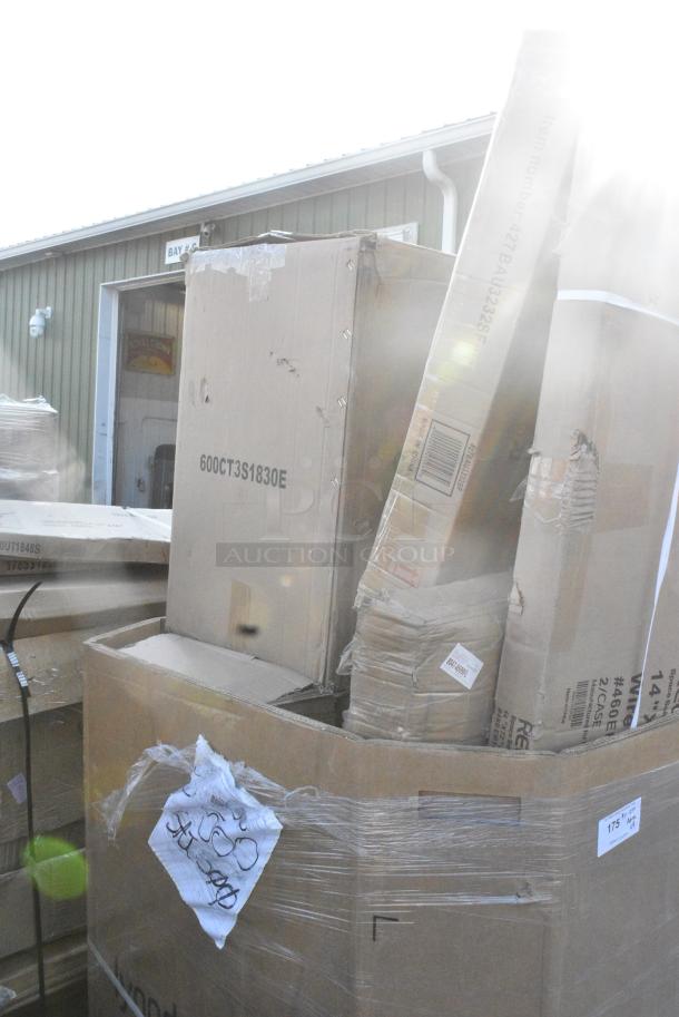 9 BRAND NEW SCRATCH AND DENT! Items Including 600CT3S1830E Regency 18" x 30" Three Shelf 18-Gauge 304 Stainless Steel Utility Cart with Enclosed Base and Open Front, 427BAU3232SF Lancaster Table & Seating 32" x 32" Sea Foam Powder-Coated Aluminum Bar Height Outdoor Table with Umbrella Hole, 600T3036G Regency 30" x 36" 18-Gauge 304 Stainless Steel Commercial Work Table with Galvanized Legs and Undershelf, 600FT1236SS Regency 12" x 36" 14-Gauge Stainless Steel Floor Trough with Grate, 460EB1472 Regency 14" x 72" NSF Black Epoxy Wire Shelf. 9 Times Your Bid! May Be Missing Pieces - Image 5 of 13