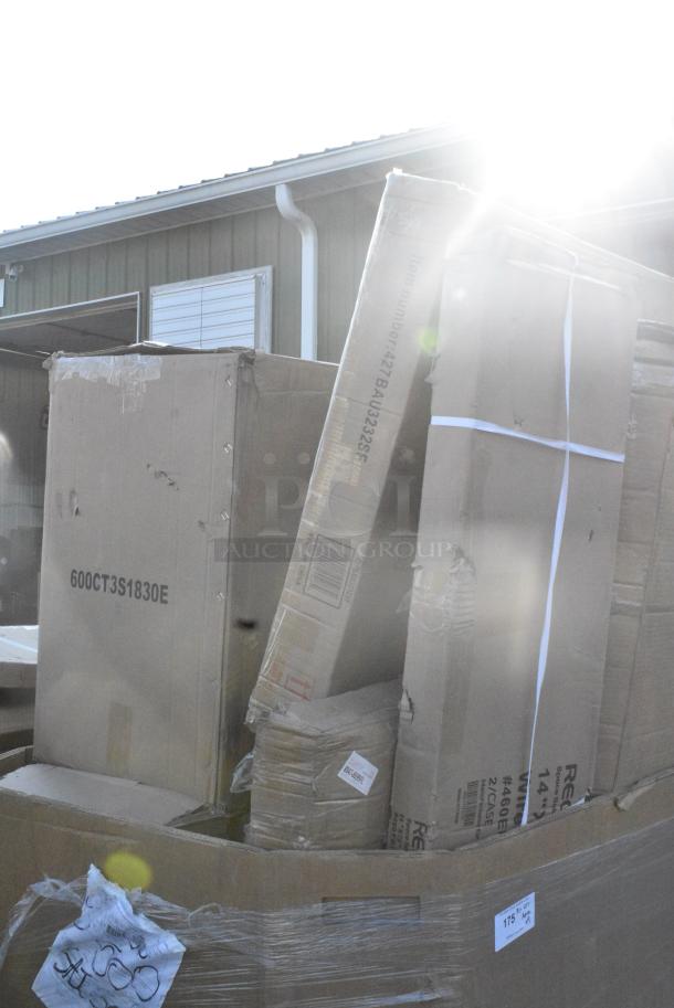 9 BRAND NEW SCRATCH AND DENT! Items Including 600CT3S1830E Regency 18" x 30" Three Shelf 18-Gauge 304 Stainless Steel Utility Cart with Enclosed Base and Open Front, 427BAU3232SF Lancaster Table & Seating 32" x 32" Sea Foam Powder-Coated Aluminum Bar Height Outdoor Table with Umbrella Hole, 600T3036G Regency 30" x 36" 18-Gauge 304 Stainless Steel Commercial Work Table with Galvanized Legs and Undershelf, 600FT1236SS Regency 12" x 36" 14-Gauge Stainless Steel Floor Trough with Grate, 460EB1472 Regency 14" x 72" NSF Black Epoxy Wire Shelf. 9 Times Your Bid! May Be Missing Pieces - Image 6 of 13