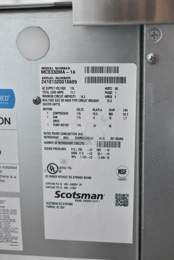 BRAND NEW SCRATCH AND DENT! 2024 Scotsman MC0330MA-1A Prodigy Elite Series 30" Air Cooled Medium Cube Ice Machine - 400 lb., 115 Volts, 1 Phase. - Image 6 of 6