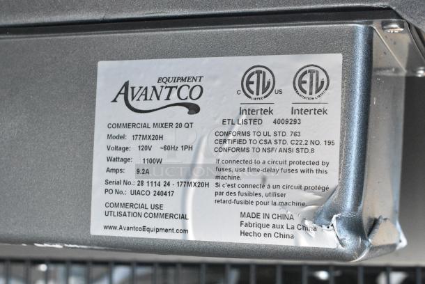 BRAND NEW SCRATCH AND DENT! Avantco 177MX20H Metal Commercial Countertop 20 Quart Planetary Dough Mixer w/ Stainless Steel Mixing Bowl, Bowl Guard, Dough Hook and Whisk Attachments. 120 Volts, 1 Phase. Cannot Test Due To Damaged Plug - Image 9 of 9