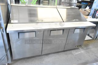 True TSSU-72-30M-B-ST Stainless Steel Commercial Sandwich Salad Prep Table Bain Marie Mega Top on Commercial Casters. 115 Volts, 1 Phase. Tested and Powers On But Does Not Get Cold
