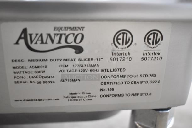 BRAND NEW SCRATCH AND DENT! Avantco ASM0013 177SL713MAN Stainless Steel 13" Medium-Duty Manual Gravity Feed Meat Slicer - 3/4 hp. 115 Volts, 1 Phase. Tested and Working! - Image 8 of 9