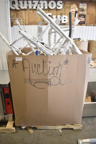 25 BRAND NEW SCRATCH AND DENT! Items Including 394385XL Noble Products White Powder-Free Disposable Latex Gloves for Foodservice - Extra Large - 1000/Case, 433HSLCPIE Choice 5" Clear Hinged Slice Container with High Dome Lid - 300/Case, Metal Chair Frames, 129MCS38B Choice 38 oz. Black Rectangular Microwavable Heavy Weight Container with Lid 8 3/4" x 6 1/4" x 2" - 150/Case, 760VP85 Carnival King 85 oz. Popcorn Bucket - 150/Case. 25 Times Your Bid!
