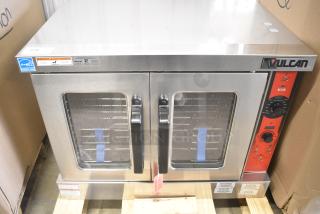 BRAND NEW SCRATCH AND DENT! Vulcan VC5ED Stainless Steel Commercial Electric Powered Single Deck Full Size Electric Convection Oven w/ View Through Doors, Metal Oven Racks and Thermostatic Controls. 208 Volts, 3 Phase.