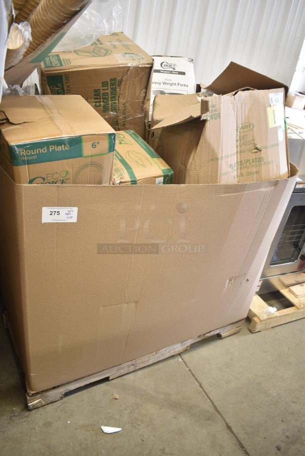 20 BRAND NEW SCRATCH AND DENT! Items Including 395RP06PF EcoChoice No PFAS Added 6" Natural Bagasse Blend Plate - 1000/Case, Dart 10CPWQR Quiet Classic 10 1/4" 3 Compartment White Laminated Round Foam Plate - 500/Case, Dart C90PST1 ClearSeal Hinged Lid Plastic Container 8 1/4" x 8 1/4" x 3" - 250/Case, 130WBKFORKH Choice Black Heavy Weight Wrapped Polystyrene Plastic Fork - 1000/Case, 347RPBD10WHS Visions 10" White Plastic Plate with Silver Bands - 120/Case. 20 Times Your Bid! - Image 1 of 11