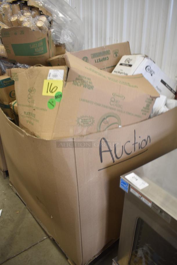 20 BRAND NEW SCRATCH AND DENT! Items Including 395RP06PF EcoChoice No PFAS Added 6" Natural Bagasse Blend Plate - 1000/Case, Dart 10CPWQR Quiet Classic 10 1/4" 3 Compartment White Laminated Round Foam Plate - 500/Case, Dart C90PST1 ClearSeal Hinged Lid Plastic Container 8 1/4" x 8 1/4" x 3" - 250/Case, 130WBKFORKH Choice Black Heavy Weight Wrapped Polystyrene Plastic Fork - 1000/Case, 347RPBD10WHS Visions 10" White Plastic Plate with Silver Bands - 120/Case. 20 Times Your Bid! - Image 2 of 11