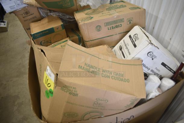 20 BRAND NEW SCRATCH AND DENT! Items Including 395RP06PF EcoChoice No PFAS Added 6" Natural Bagasse Blend Plate - 1000/Case, Dart 10CPWQR Quiet Classic 10 1/4" 3 Compartment White Laminated Round Foam Plate - 500/Case, Dart C90PST1 ClearSeal Hinged Lid Plastic Container 8 1/4" x 8 1/4" x 3" - 250/Case, 130WBKFORKH Choice Black Heavy Weight Wrapped Polystyrene Plastic Fork - 1000/Case, 347RPBD10WHS Visions 10" White Plastic Plate with Silver Bands - 120/Case. 20 Times Your Bid! - Image 3 of 11