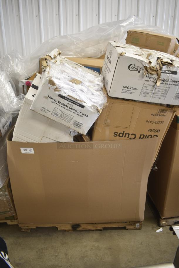 30 BRAND NEW SCRATCH AND DENT! Items Including 50012NRDWKFT New Roots 12 oz. Smooth Double Wall Kraft Compostable Paper Hot Cup - 500/Case, 130WHFKSNH Choice White Heavy Weight Wrapped Polystyrene Plastic Cutlery Pack with Napkin - 500/Case, 760PCC03W Choice 3 oz. White Unlined Paper Cold Cup - 5000/Case, 795PTOWHT4 Choice White Microwavable Folded Paper #4 Take-Out Container 7 3/4" x 5 1/2" x 3 1/2" - 160/Case, 130WFORKWP Choice Individually Wrapped Medium Weight White Polypropylene Plastic Fork - 1000/Case. 30 Times Your Bid! - Image 1 of 10