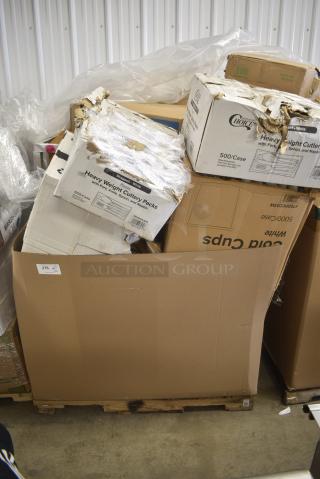 30 BRAND NEW SCRATCH AND DENT! Items Including 50012NRDWKFT New Roots 12 oz. Smooth Double Wall Kraft Compostable Paper Hot Cup - 500/Case, 130WHFKSNH Choice White Heavy Weight Wrapped Polystyrene Plastic Cutlery Pack with Napkin - 500/Case, 760PCC03W Choice 3 oz. White Unlined Paper Cold Cup - 5000/Case, 795PTOWHT4 Choice White Microwavable Folded Paper #4 Take-Out Container 7 3/4" x 5 1/2" x 3 1/2" - 160/Case, 130WFORKWP Choice Individually Wrapped Medium Weight White Polypropylene Plastic Fork - 1000/Case. 30 Times Your Bid!
