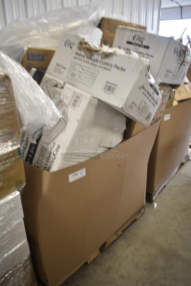30 BRAND NEW SCRATCH AND DENT! Items Including 50012NRDWKFT New Roots 12 oz. Smooth Double Wall Kraft Compostable Paper Hot Cup - 500/Case, 130WHFKSNH Choice White Heavy Weight Wrapped Polystyrene Plastic Cutlery Pack with Napkin - 500/Case, 760PCC03W Choice 3 oz. White Unlined Paper Cold Cup - 5000/Case, 795PTOWHT4 Choice White Microwavable Folded Paper #4 Take-Out Container 7 3/4" x 5 1/2" x 3 1/2" - 160/Case, 130WFORKWP Choice Individually Wrapped Medium Weight White Polypropylene Plastic Fork - 1000/Case. 30 Times Your Bid! - Image 2 of 10