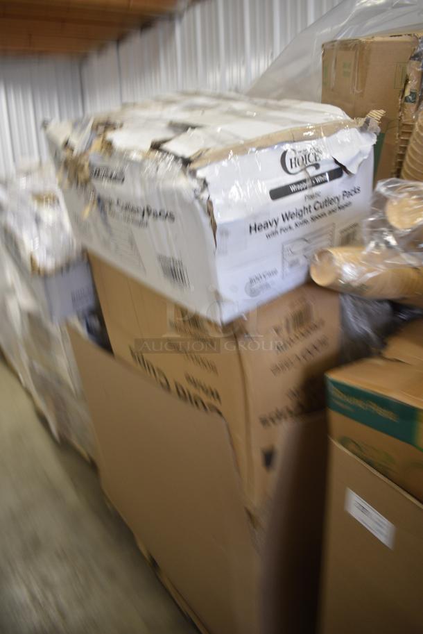 30 BRAND NEW SCRATCH AND DENT! Items Including 50012NRDWKFT New Roots 12 oz. Smooth Double Wall Kraft Compostable Paper Hot Cup - 500/Case, 130WHFKSNH Choice White Heavy Weight Wrapped Polystyrene Plastic Cutlery Pack with Napkin - 500/Case, 760PCC03W Choice 3 oz. White Unlined Paper Cold Cup - 5000/Case, 795PTOWHT4 Choice White Microwavable Folded Paper #4 Take-Out Container 7 3/4" x 5 1/2" x 3 1/2" - 160/Case, 130WFORKWP Choice Individually Wrapped Medium Weight White Polypropylene Plastic Fork - 1000/Case. 30 Times Your Bid! - Image 3 of 10