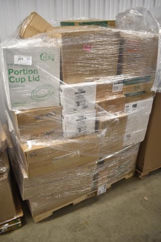 26 BRAND NEW SCRATCH AND DENT! Items Including 127PL400 Choice PET Plastic Lid for 3.25 to 5.5 oz. Souffle Cup / Portion Cup - 2500/Case, 346BKFSNSPM Choice Medium Weight Black Wrapped Polypropylene Plastic Cutlery Set with Napkin and Salt and Pepper Packets - 250/Case, 5002BNAPBLK Choice Black 2-Ply Customizable Beverage / Cocktail Napkin - 1000/Case, 500PMGD Choice 10" x 14" Gold Colored Paper Placemat with Scalloped Edge - 1000/Case, 5008W Choice 8 oz. Tall White Poly Paper Hot Cup - 1000/Case, 395TO991 EcoChoice 9" x 9" x 3" Compostable No PFAS Added Bamboo / Bagasse 1 Compartment Take-Out Box - 200/Case, 129MCR50B Choice 43 oz. Black 9" Round Microwavable Heavy Weight Container with Lid - 150/Case. 26 Times Your Bid!