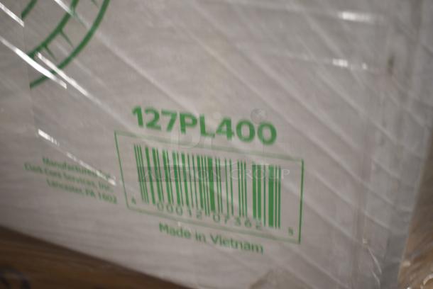 26 BRAND NEW SCRATCH AND DENT! Items Including 127PL400 Choice PET Plastic Lid for 3.25 to 5.5 oz. Souffle Cup / Portion Cup - 2500/Case, 346BKFSNSPM Choice Medium Weight Black Wrapped Polypropylene Plastic Cutlery Set with Napkin and Salt and Pepper Packets - 250/Case, 5002BNAPBLK Choice Black 2-Ply Customizable Beverage / Cocktail Napkin - 1000/Case, 500PMGD Choice 10" x 14" Gold Colored Paper Placemat with Scalloped Edge - 1000/Case, 5008W Choice 8 oz. Tall White Poly Paper Hot Cup - 1000/Case, 395TO991 EcoChoice 9" x 9" x 3" Compostable No PFAS Added Bamboo / Bagasse 1 Compartment Take-Out Box - 200/Case, 129MCR50B Choice 43 oz. Black 9" Round Microwavable Heavy Weight Container with Lid - 150/Case. 26 Times Your Bid! - Image 4 of 16