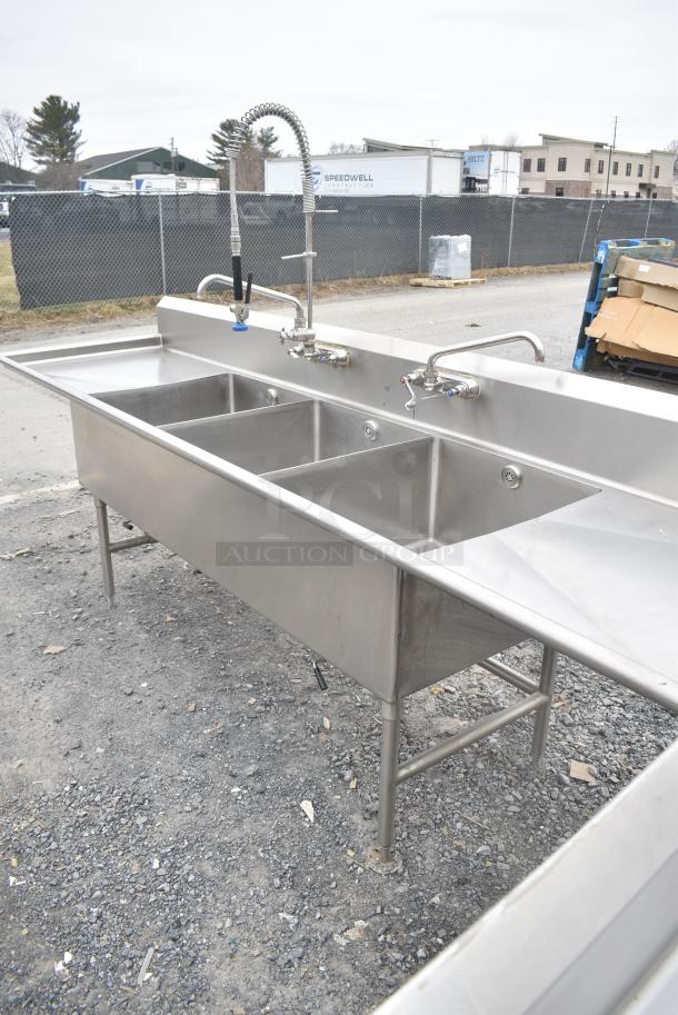 Stainless Steel Commercial 3 Bay Sink w/ Dual Drain Boards, 2 Faucets and 2 Handle Sets - Image 3 of 8