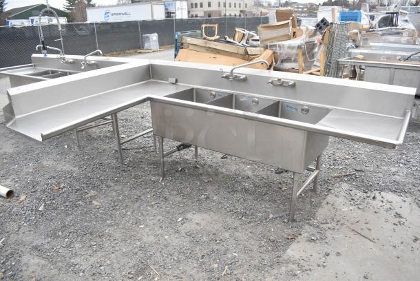 Stainless Steel Commercial 3 Bay Dish Table Sink w/ Dual Drain Boards, Faucets and 2 Handle Sets - Image 1 of 2
