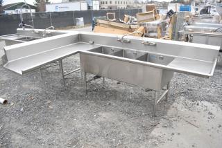 Stainless Steel Commercial 3 Bay Dish Table Sink w/ Dual Drain Boards, Faucets and 2 Handle Sets