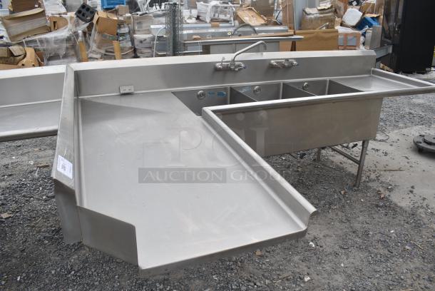 Stainless Steel Commercial 3 Bay Dish Table Sink w/ Dual Drain Boards, Faucets and 2 Handle Sets - Image 2 of 2