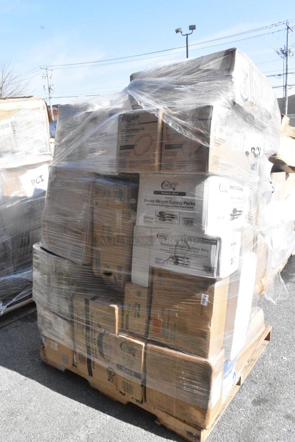 38 BRAND NEW SCRATCH AND DENT! Items Including 130BKFKSNSPH Choice Black Heavy Weight Wrapped Polystyrene Plastic Cutlery Pack with Napkin and Salt and Pepper Packets - 500/Case, 346BKFSNSPM Choice Medium Weight Black Wrapped Polypropylene Plastic Cutlery Set with Napkin and Salt and Pepper Packets - 250/Case, 128HDLDBULK Choice Heavy Duty Microwavable Translucent Plastic Deli Container Lid - 480/Case, 966UPWIDEKFT-500 OneUp by Choice Kraft 2-Ply Wide Interfold 6 1/2" x 8 1/2" Dispenser Napkin - 6000/Case, 433L32C Choice Quart Size Natural Kraft Paper Bag - 500/Case, 129MCR16B Choice 16 oz. Black 6 1/4" Round Microwavable Heavy Weight Container with Lid - 150/Case, Dart 95HT1R 9 1/2" x 9" x 3" White Foam Square Take Out Container with Hinged Lid, 128HD16COMBO Choice Heavy Duty 16 oz. Microwavable Translucent Plastic Deli Container and Lid Combo Pack - 240/Case, 347RPBD10WHG Visions 10" White Plastic Plate with Gold Bands - 120/Case, 502334016CL Lavex 33 Gallon 16 Micron 33" x 40" High Density Janitorial Can Liner / Trash Bag - 250/Case, 500CC16PLA EcoChoice 16 oz. PLA Compostable Plastic Cold Cup - 1000/Case, 129MCR24B Choice 24 oz. Black Round Microwavable Heavy Weight Container with Lid 7 1/4" - 150/Case. 38 Times Your Bid! - Image 4 of 22